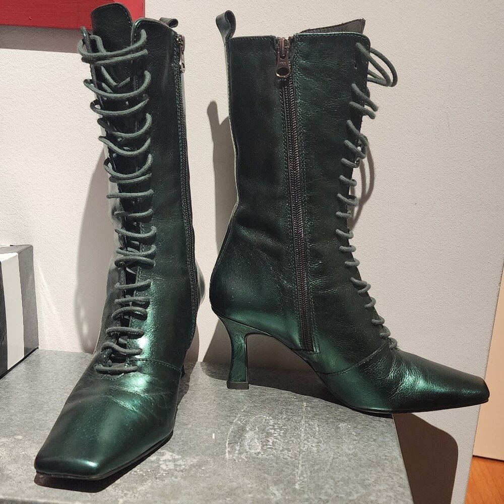 Metallic Green L'intervalle Square Toe Leather Boots - Picture 6 of 11
